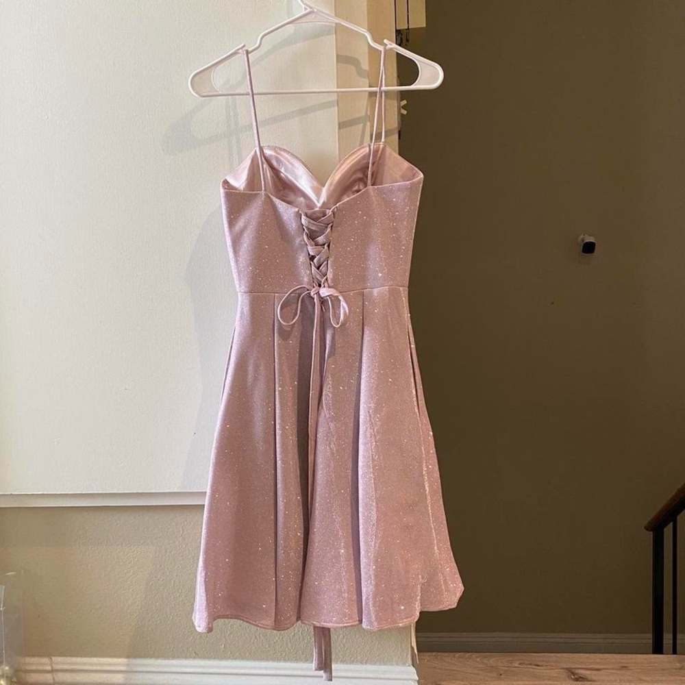 May Queen couture pink glittery mini cocktail dress prom dress with corset back